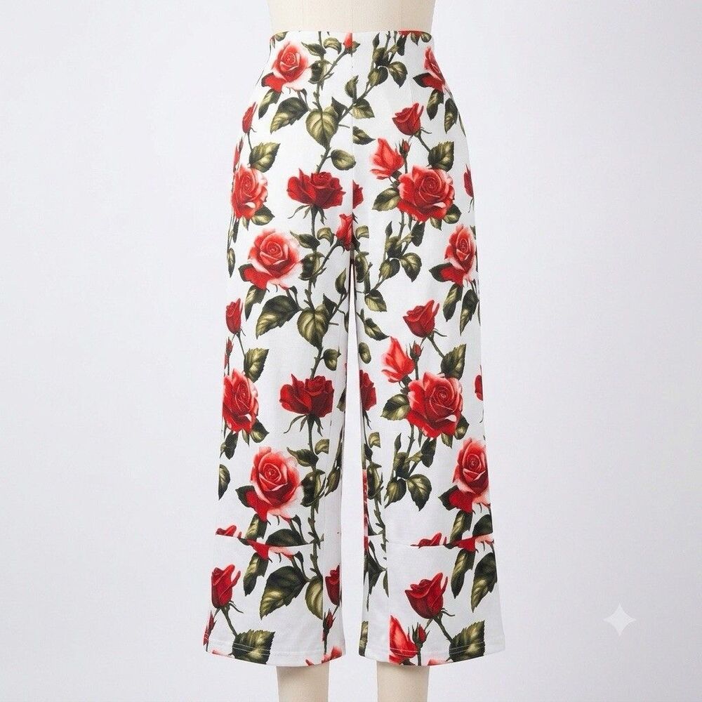 Womens Red Rose Floral Pajama Pants XL White Romantic Sleepwear Lounge Wide Leg